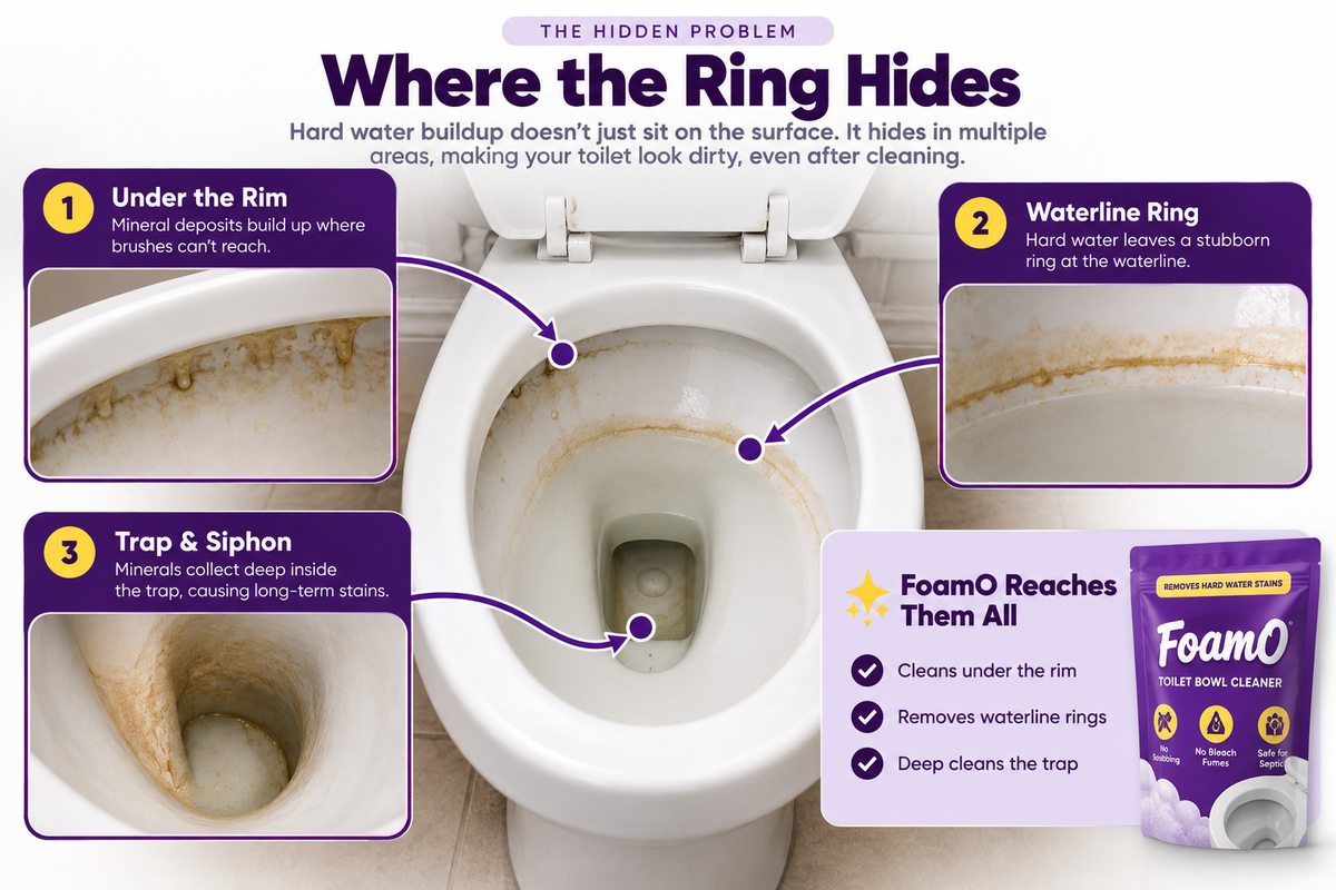 Toilet bowl showing common areas where hard-water mineral rings and buildup can hide
